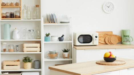 Organized kitchen with shelving.