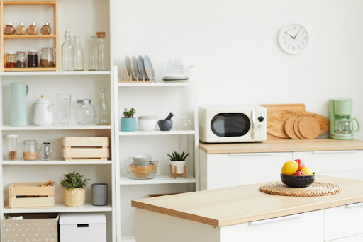 Organized kitchen with shelving.