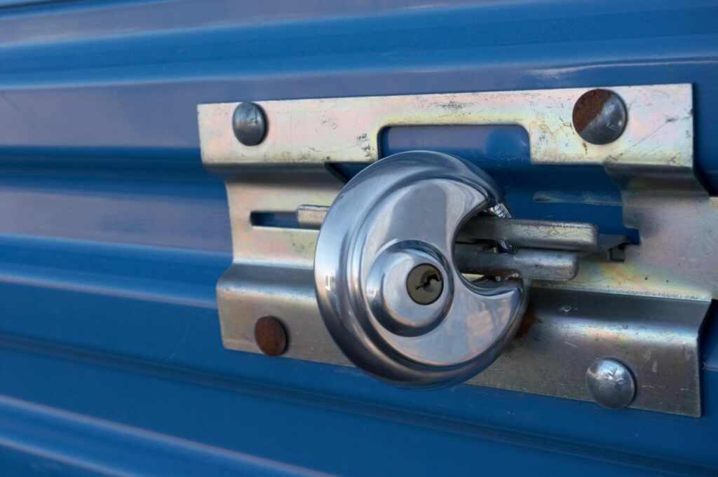 A key lock on a storage unit door