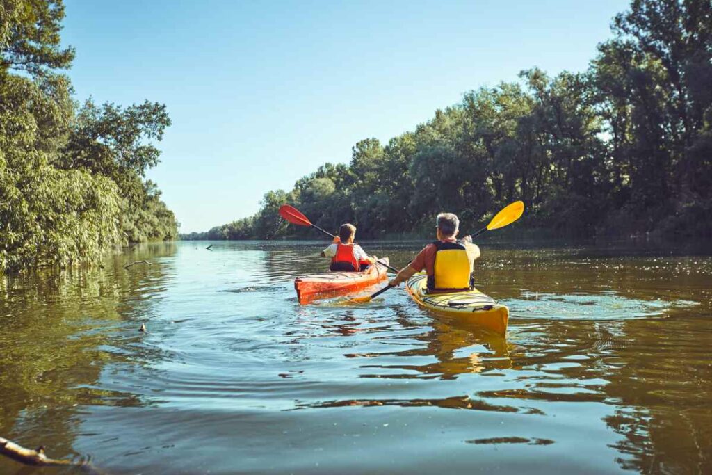 A couple kayaking through the river