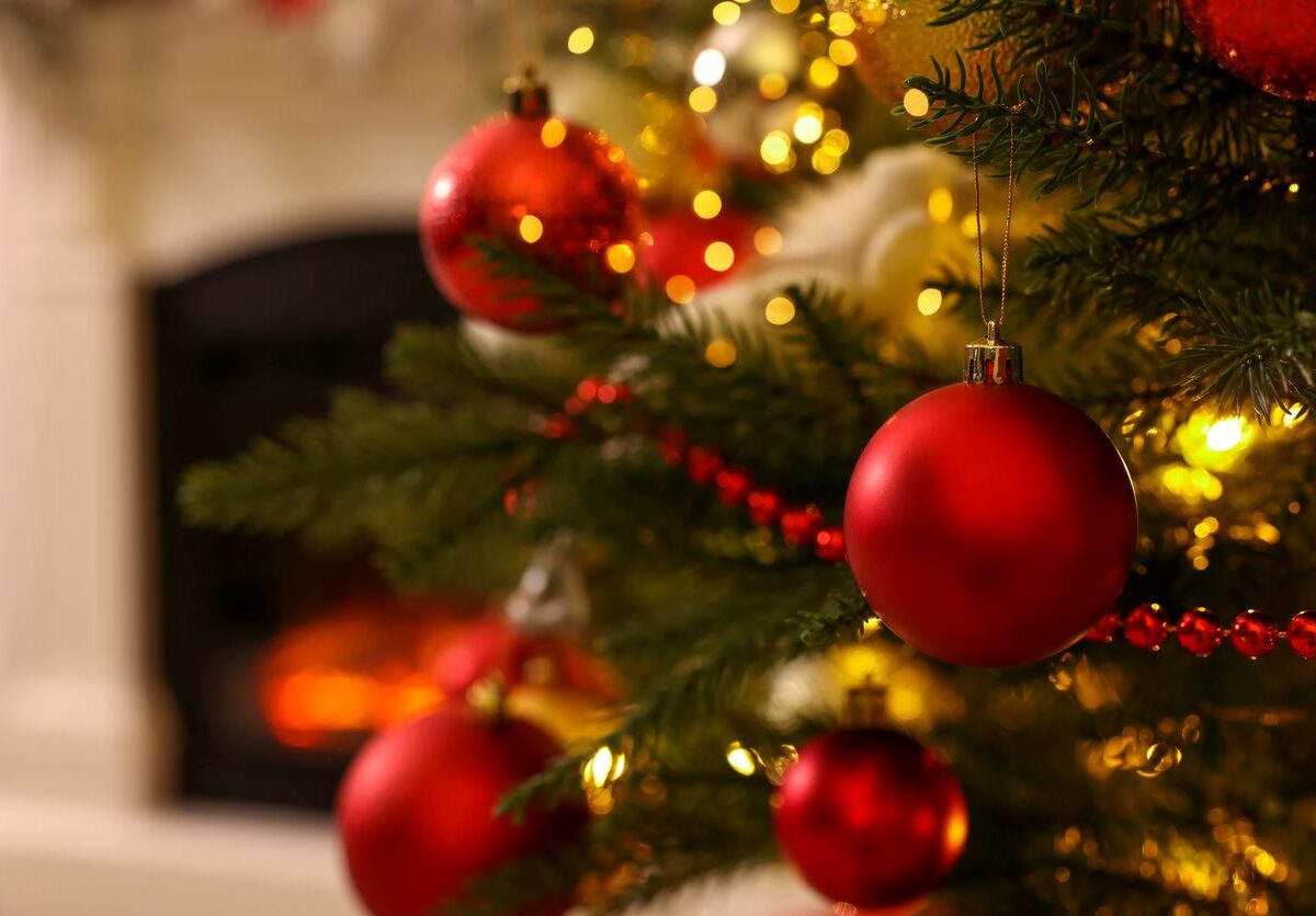 Christmas tree with beautiful decor indoors, closeup.