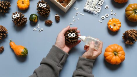 Making DIY fall decorations with pumpkins, pine cones, and glue-on eyes.