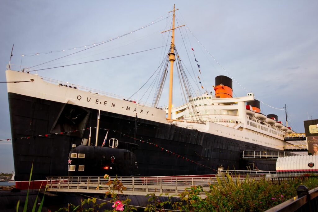 The bow section of the R.M.S Queen Mary docked in Long Beach, CA, as a hotel.