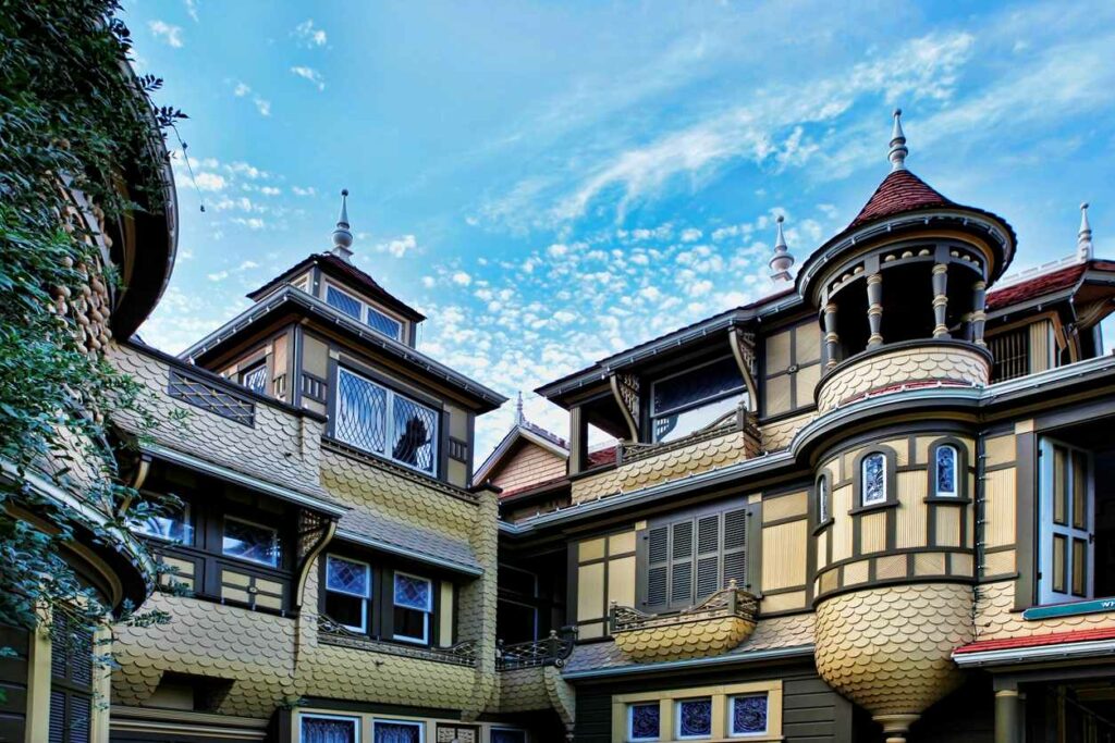 A shot of the many calls and towers of the Winchester Mystery House in San Jose, CA