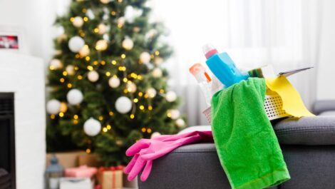 A bucket of cleaning supplies sits on a couch by a Christmas tree.