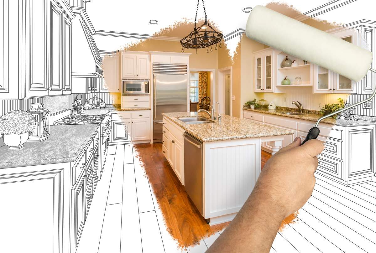 Before and after of a man painting with a roller to reveal a newly remodeled kitchen.