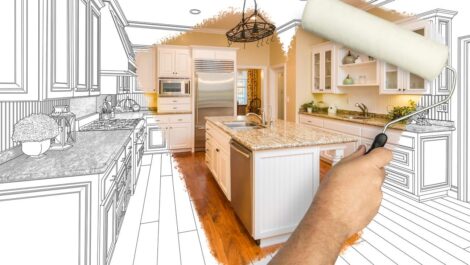 Before and after of a man painting with a roller to reveal a newly remodeled kitchen.