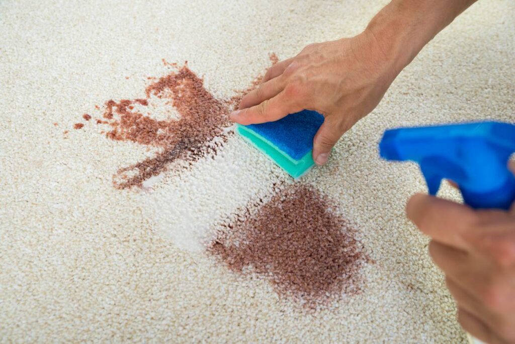 A person cleans a stained carpet with a sponge and spray.